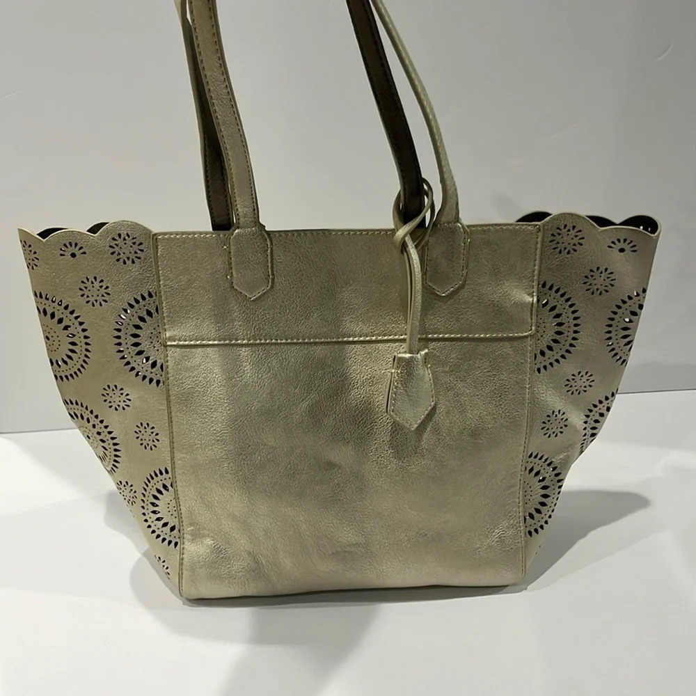 NWT Anthropologie Laser Cut Metallic Vegan Gold Tote